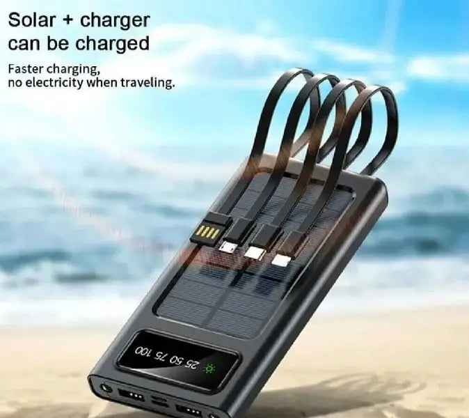 10000mAh Solar Power Bank with 4 Built-in Charging Cables