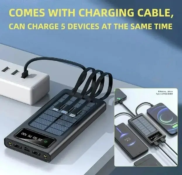10000mAh Solar Power Bank with 4 Built-in Charging Cables