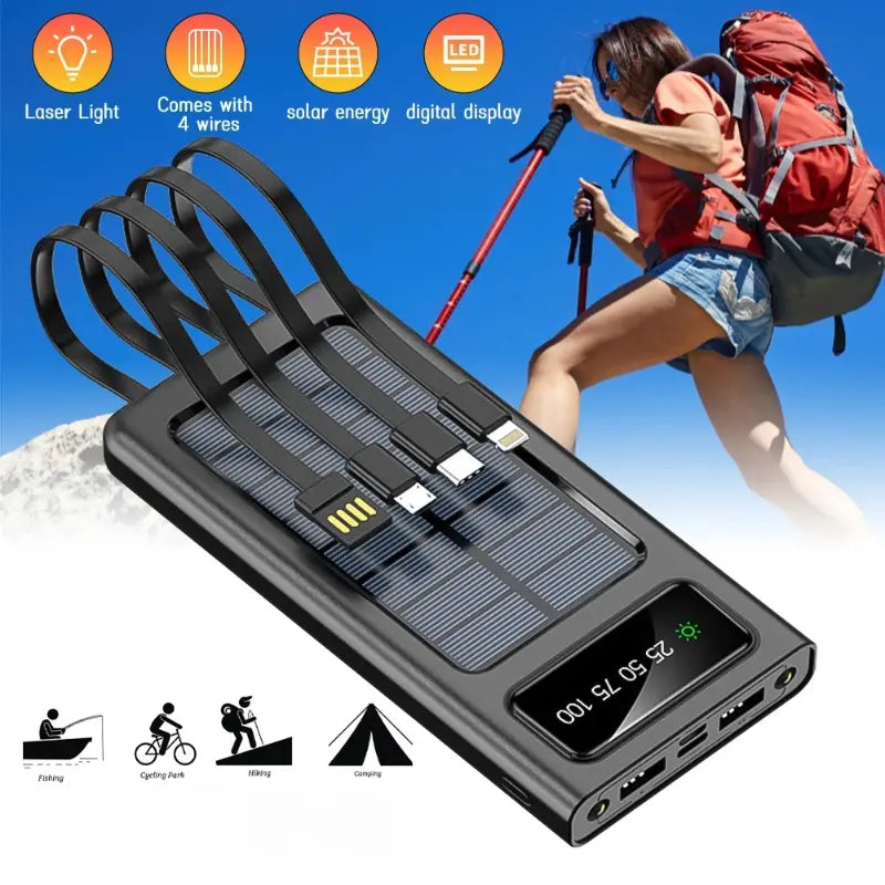 10000mAh Solar Power Bank with 4 Built-in Charging Cables