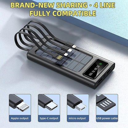 10000mAh Solar Power Bank with 4 Built-in Charging Cables