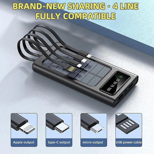 10000mAh Solar Power Bank with 4 Built-in Charging Cables