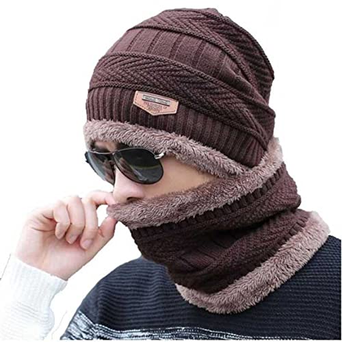 Winter Cap And Neck Elastic Knitting Thick Fleece Warm Woolen Beanie Cap Sport Hat & Neck Scarf Set 2 Piece(random Colors)